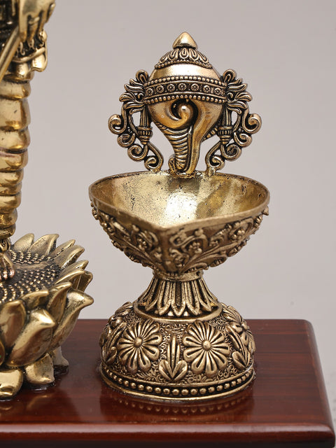 13" Superfine Idol of Four Amred Lord Vishnu with Oil Lamp and Wood Base | Brass Sculpture