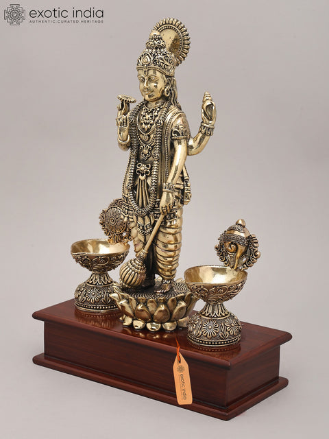 13" Superfine Idol of Four Amred Lord Vishnu with Oil Lamp and Wood Base | Brass Sculpture
