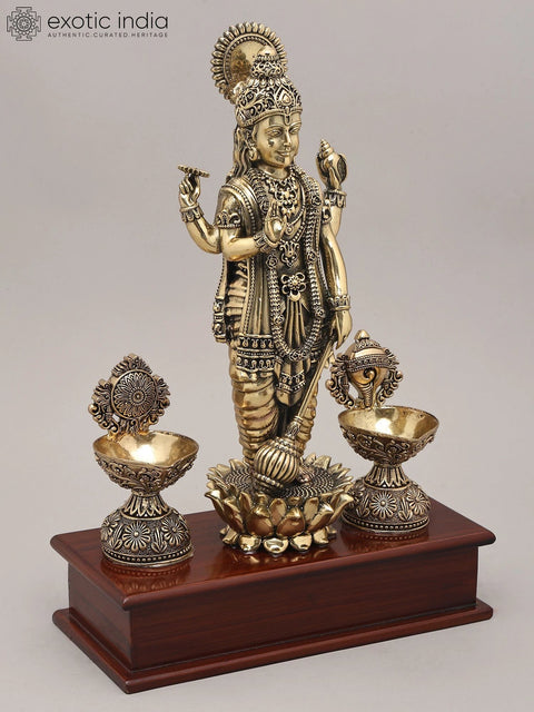 13" Superfine Idol of Four Amred Lord Vishnu with Oil Lamp and Wood Base | Brass Sculpture