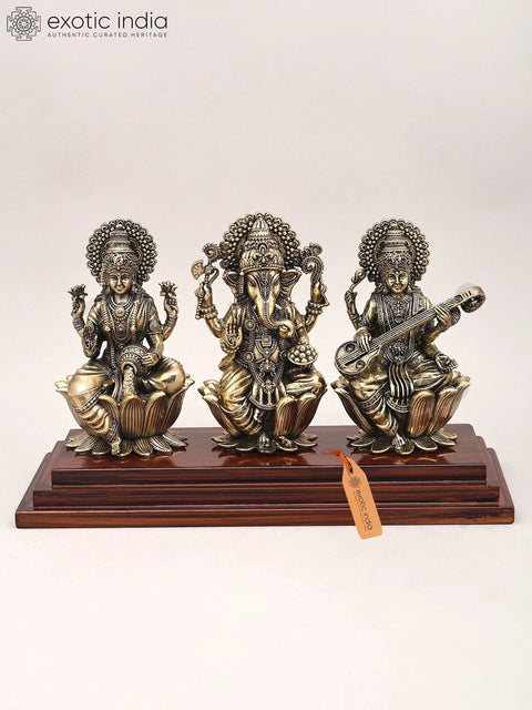 12" Superfine Wood Base Idol of Lakshmi Ganesha and Saraswati | Brass Sculpture