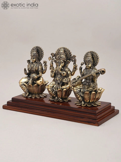 12" Superfine Wood Base Idol of Lakshmi Ganesha and Saraswati | Brass Sculpture