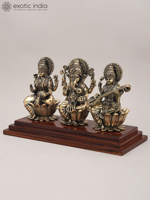12" Superfine Wood Base Idol of Lakshmi Ganesha and Saraswati | Brass Sculpture