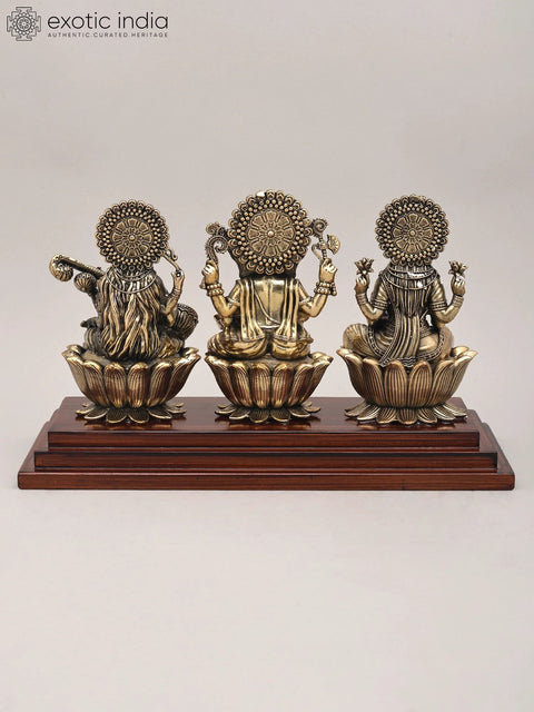 12" Superfine Wood Base Idol of Lakshmi Ganesha and Saraswati | Brass Sculpture