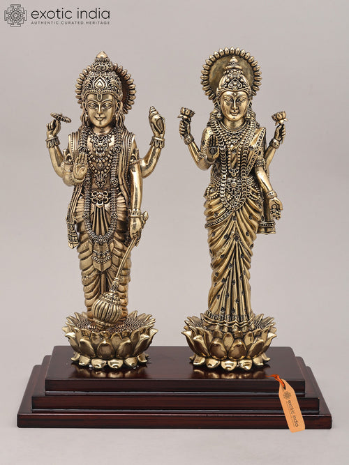 11" Handmade Vishnu and Lakshmi Brass Idol with Wood Base
