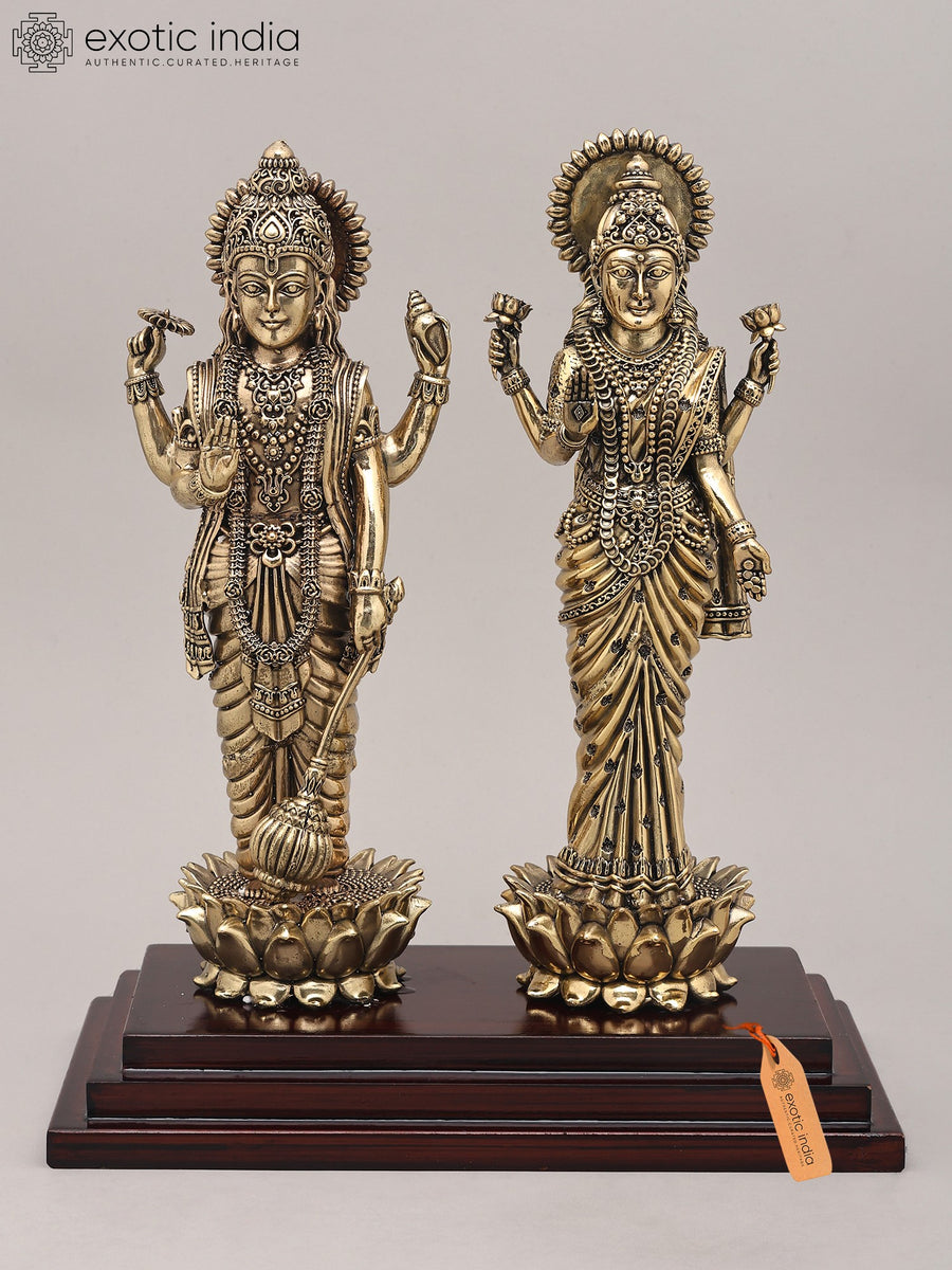 11" Handmade Vishnu and Lakshmi Brass Idol with Wood Base