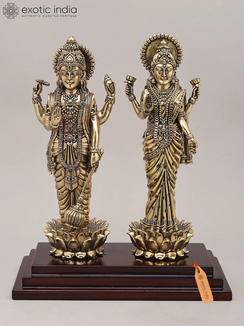 11" Superfine Lord Vishnu and Goddess Lakshmi Standing on Wood Base | Brass Idol