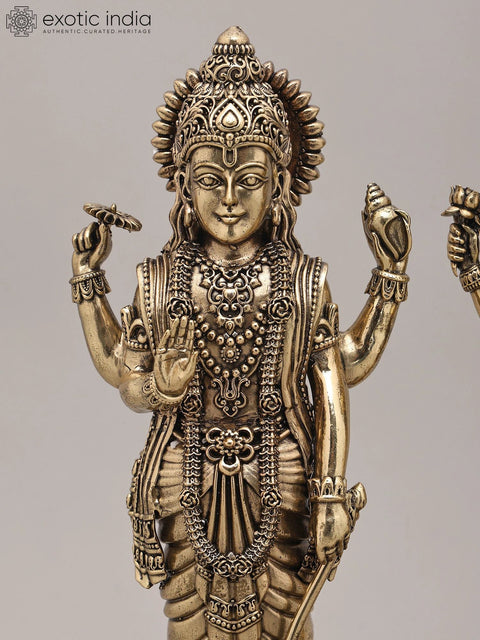 11" Superfine Lord Vishnu and Goddess Lakshmi Standing on Wood Base | Brass Idol