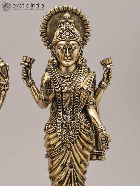 11" Superfine Lord Vishnu and Goddess Lakshmi Standing on Wood Base | Brass Idol