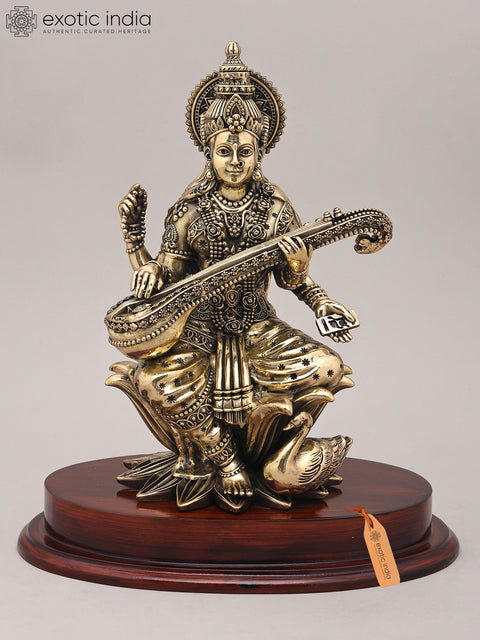 11" Superfine Chaturbhuja Goddess Saraswati Seated on Lotus with Sitar and Wood Base | Brass Statue