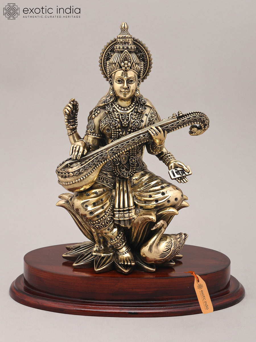 11" Handmade Brass Saraswati Seated on Lotus Statue with Sitar