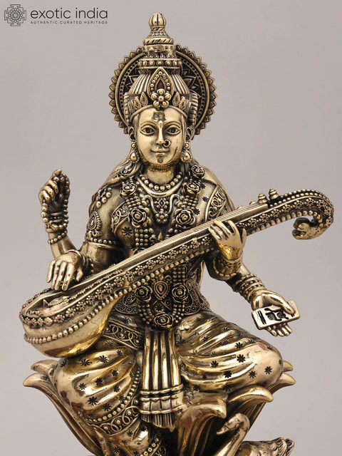11" Superfine Chaturbhuja Goddess Saraswati Seated on Lotus with Sitar and Wood Base | Brass Statue