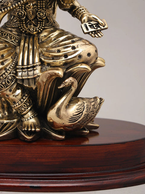 11" Superfine Chaturbhuja Goddess Saraswati Seated on Lotus with Sitar and Wood Base | Brass Statue