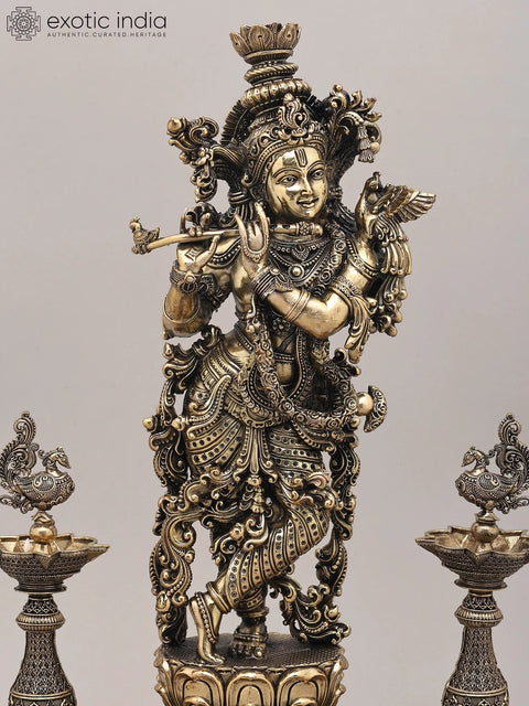 15" Superfine Lord Krishna Playing Flute with Peacock Deepam and Wood Base | Brass Sculpture
