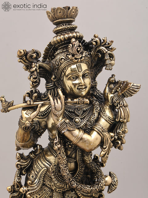 15" Superfine Lord Krishna Playing Flute with Peacock Deepam and Wood Base | Brass Sculpture