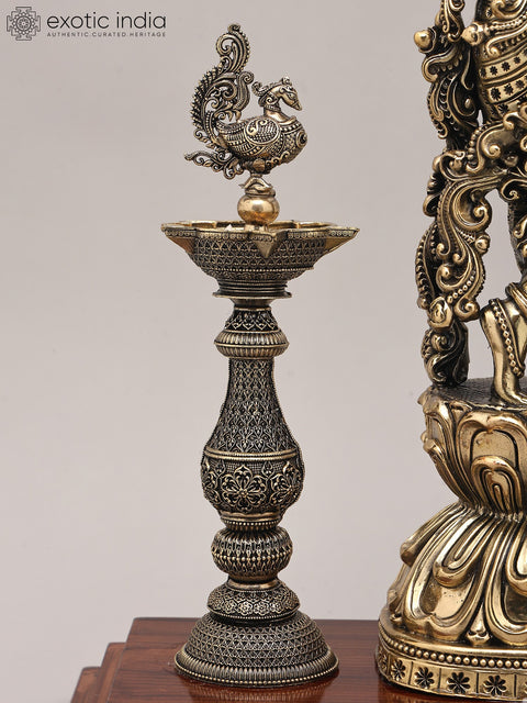 15" Superfine Lord Krishna Playing Flute with Peacock Deepam and Wood Base | Brass Sculpture
