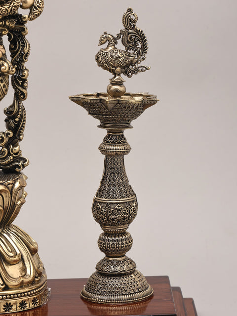15" Superfine Lord Krishna Playing Flute with Peacock Deepam and Wood Base | Brass Sculpture