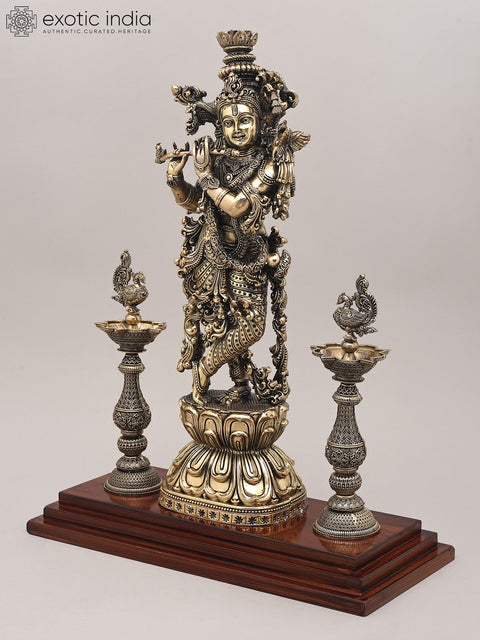 15" Superfine Lord Krishna Playing Flute with Peacock Deepam and Wood Base | Brass Sculpture