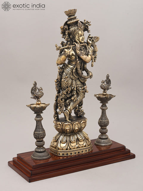 15" Superfine Lord Krishna Playing Flute with Peacock Deepam and Wood Base | Brass Sculpture