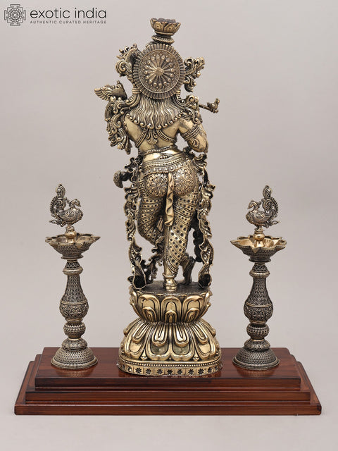 15" Superfine Lord Krishna Playing Flute with Peacock Deepam and Wood Base | Brass Sculpture