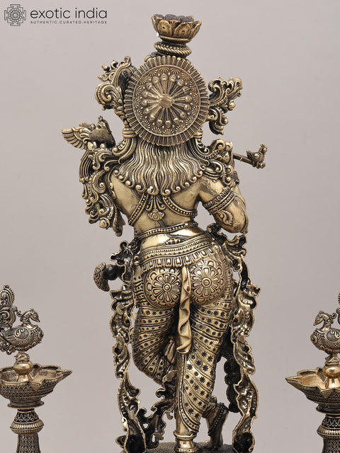 15" Superfine Lord Krishna Playing Flute with Peacock Deepam and Wood Base | Brass Sculpture