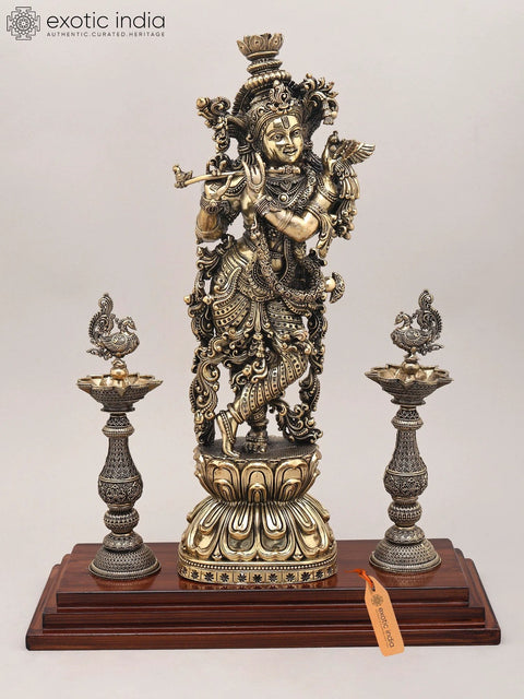 15" Superfine Lord Krishna Playing Flute with Peacock Deepam and Wood Base | Brass Sculpture