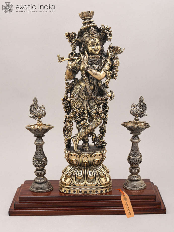 15" Handmade Lord Krishna Playing Flute Brass Sculpture with Peacock Deepam
