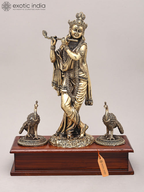 12" Handmade Brass Krishna Flute Idol with Peacock and Wood Base