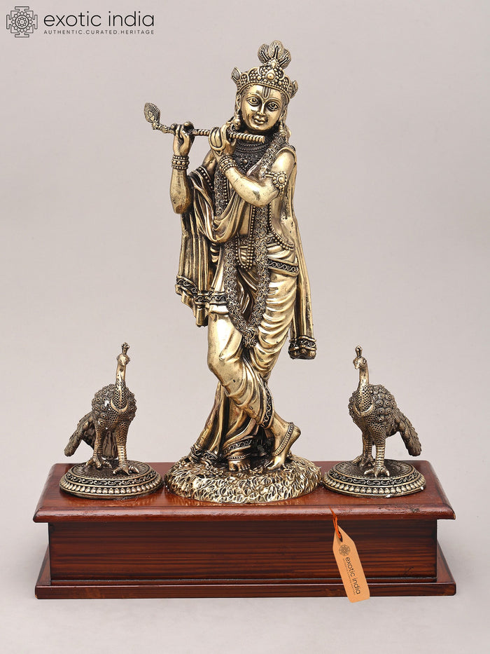 12" Handmade Brass Krishna Flute Idol with Peacock and Wood Base