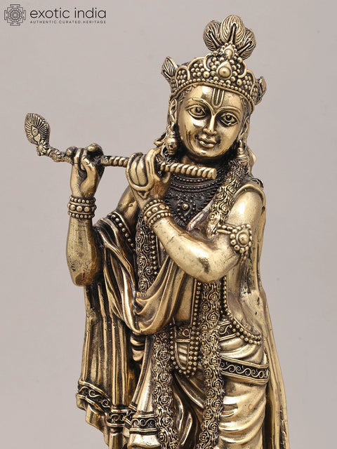 12" Superfine Idol of Lord Krishna Playing Flute in Tribhangi Gesture with Peacock and Wood Base | Brass Statue