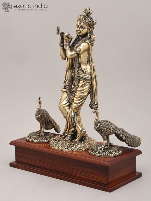 12" Superfine Idol of Lord Krishna Playing Flute in Tribhangi Gesture with Peacock and Wood Base | Brass Statue