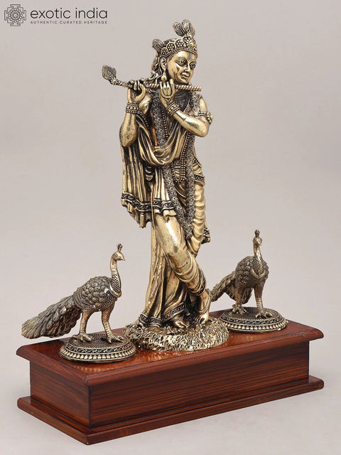 12" Superfine Idol of Lord Krishna Playing Flute in Tribhangi Gesture with Peacock and Wood Base | Brass Statue