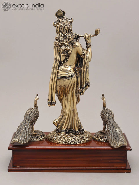 12" Superfine Idol of Lord Krishna Playing Flute in Tribhangi Gesture with Peacock and Wood Base | Brass Statue