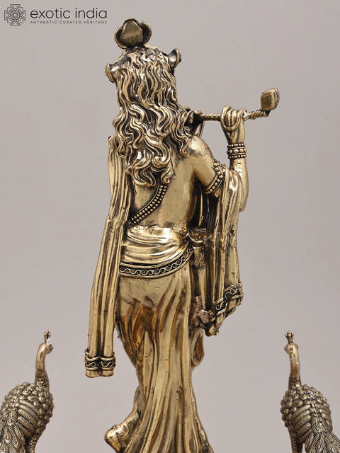 12" Superfine Idol of Lord Krishna Playing Flute in Tribhangi Gesture with Peacock and Wood Base | Brass Statue