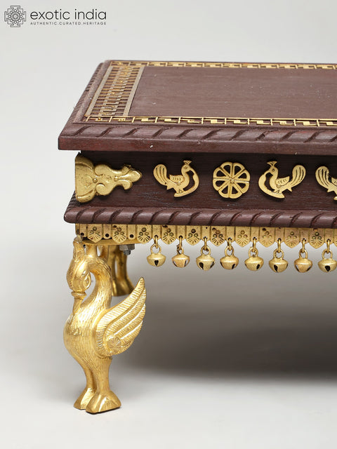 32" Rectangular Shaped Wooden Chowki (Pedestal) with Brass Legs
