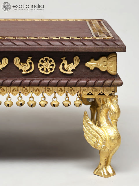32" Rectangular Shaped Wooden Chowki (Pedestal) with Brass Legs