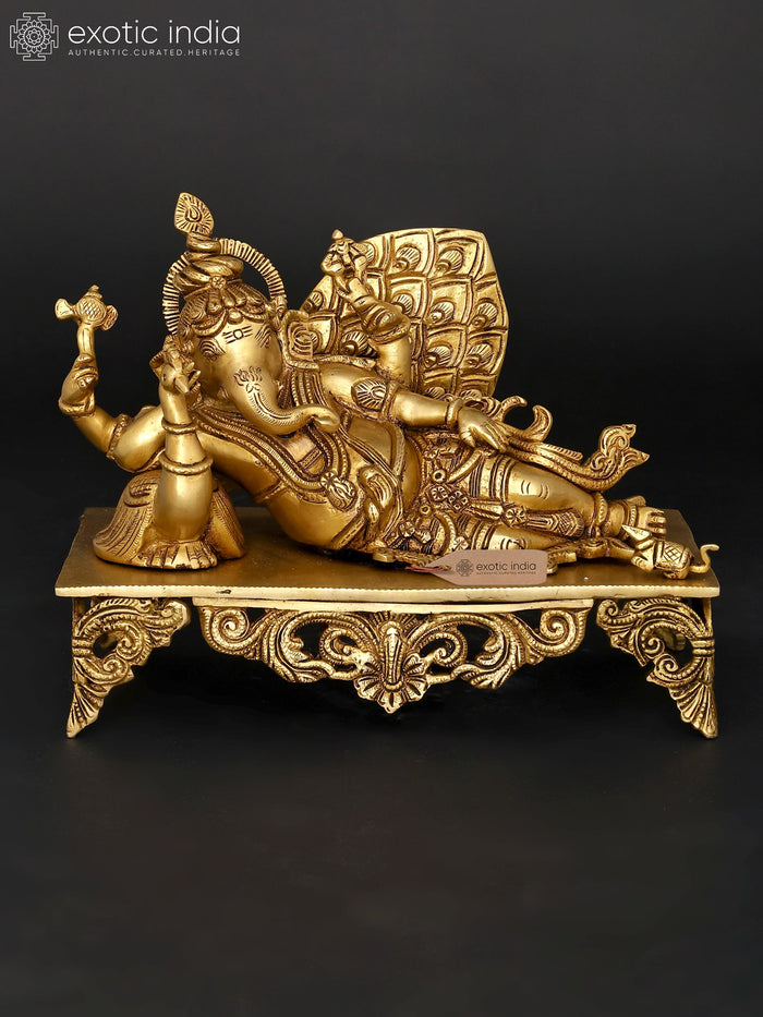 11" Four Armed Lord Ganesha with Peacock Brass Statue