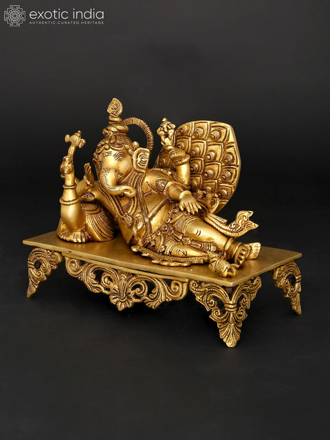 11" Four Armed Relaxing Lord Ganesha with Peacock | Brass Statue
