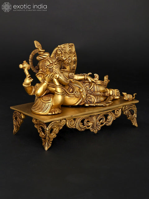 11" Four Armed Relaxing Lord Ganesha with Peacock | Brass Statue