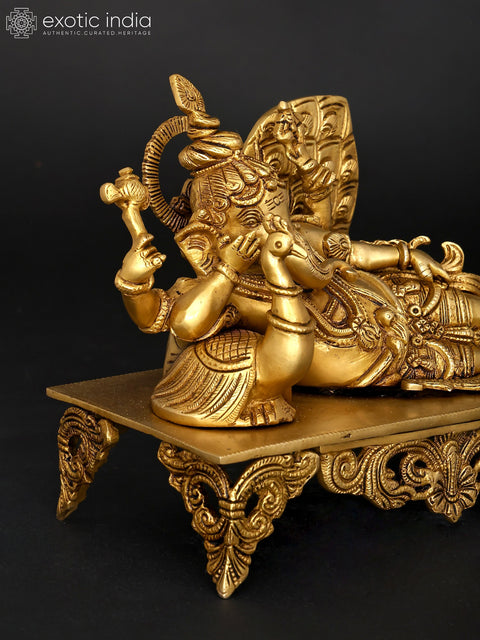 11" Four Armed Relaxing Lord Ganesha with Peacock | Brass Statue