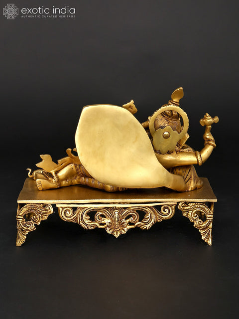 11" Four Armed Relaxing Lord Ganesha with Peacock | Brass Statue