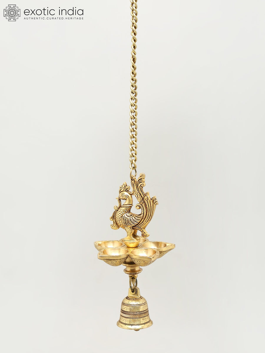 Five Wicks Hanging Peacock Lamp Brass Ritual Item with Bell