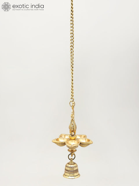 Five Wicks Hanging Peacock Lamp with Bell | Brass Ritual Item