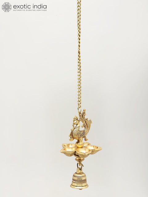Five Wicks Hanging Peacock Lamp with Bell | Brass Ritual Item
