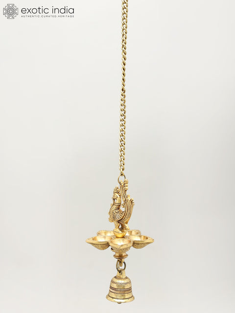 Five Wicks Hanging Peacock Lamp with Bell | Brass Ritual Item
