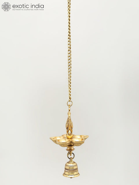Five Wicks Hanging Peacock Lamp with Bell | Brass Ritual Item