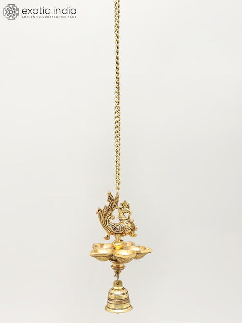 Five Wicks Hanging Peacock Lamp with Bell | Brass Ritual Item