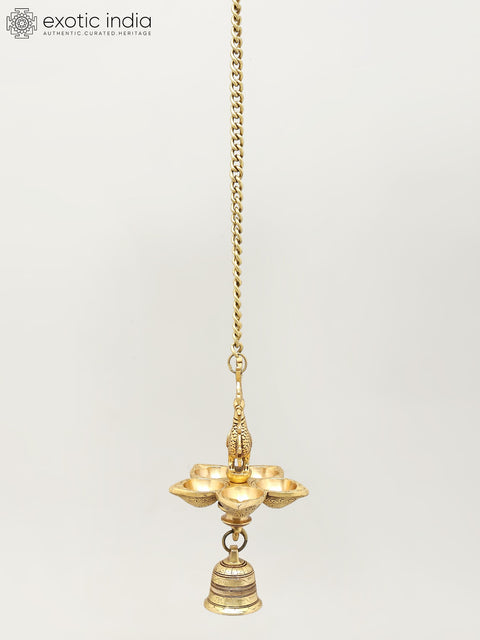 Five Wicks Hanging Peacock Lamp with Bell | Brass Ritual Item