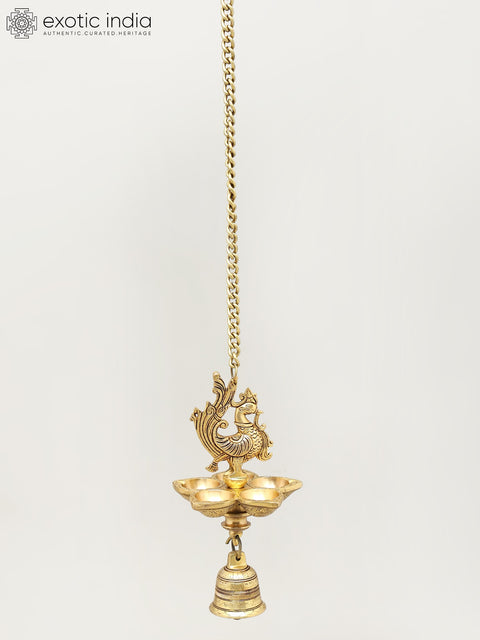 Five Wicks Hanging Peacock Lamp with Bell | Brass Ritual Item