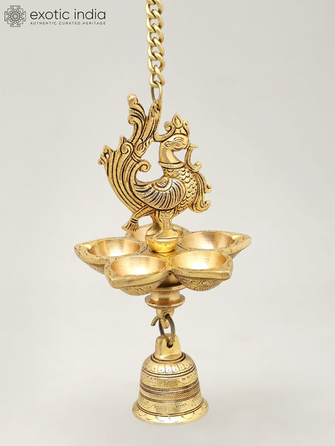 Five Wicks Hanging Peacock Lamp with Bell | Brass Ritual Item