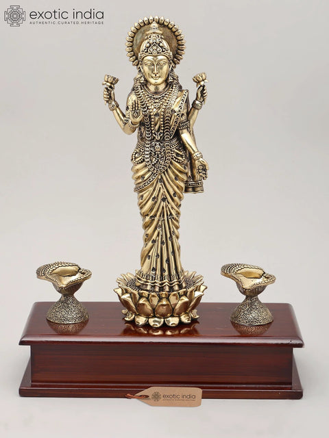 11" Superfine Goddess Lakshmi Standing on Lotus with Oil Lamps and Wood Base | Brass Sculpture